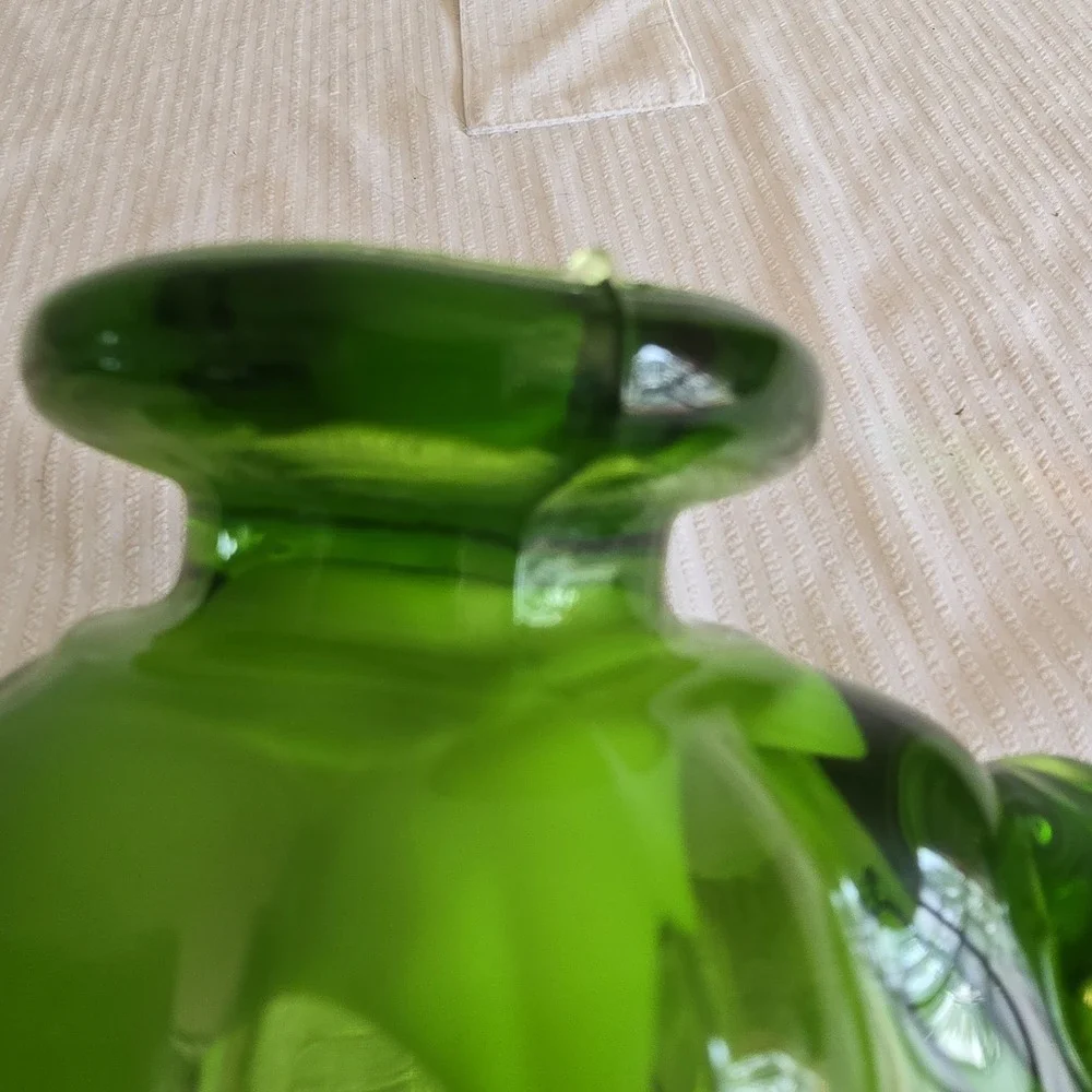 MCM 1960 Emerald Green and White Handblown Glass Basket Candy Dish Bohemian Form